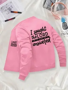 Christian Faith Graphic Text Printed Jacket - Zip-Up Casual Outerwear, Stand Collar, Polyester Knit Fabric, Fitted Design, Pocket Detail, Suitable for Autumn & Winter.