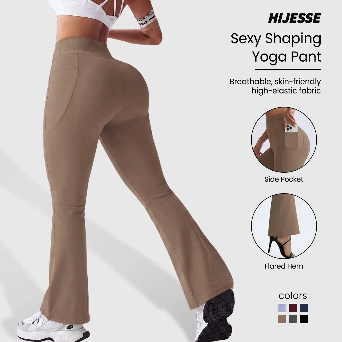 Hijesse Women's High Waisted Flared Yoga Pants with Side Pocket – Buttery Soft Bootcut Workout Leggings for Gym, Office & Casual Wear, Suitable for Spring & Summer Wear Elastic Elastic
