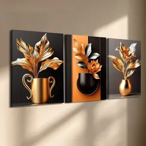 3 Count Wooden Frame Canvas Prints, Luxury Gold Metallic Floral Triptych Canvas Wall Art, Flower Wall Art, Modern Black & Orange Print, Contemporary Art, Exquisite Family Poster, Suitable for Living Room Corridor Wall, HD Inkjet Printing, Artwork