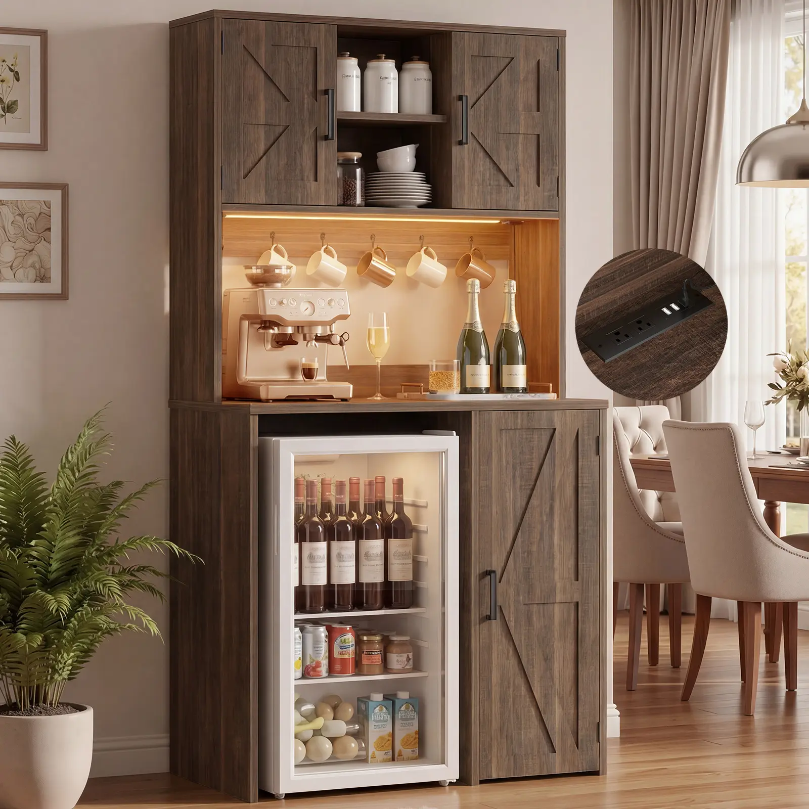 Homieasy Coffee Bar Cabinet with Storage, Mini Fridge Cabinet with Outlet & Led Light, Liquor Wine Bar Stand with Mini Fridge Space & Microwave Shelf, Beverage Station for Kitchen Dining Room furniture