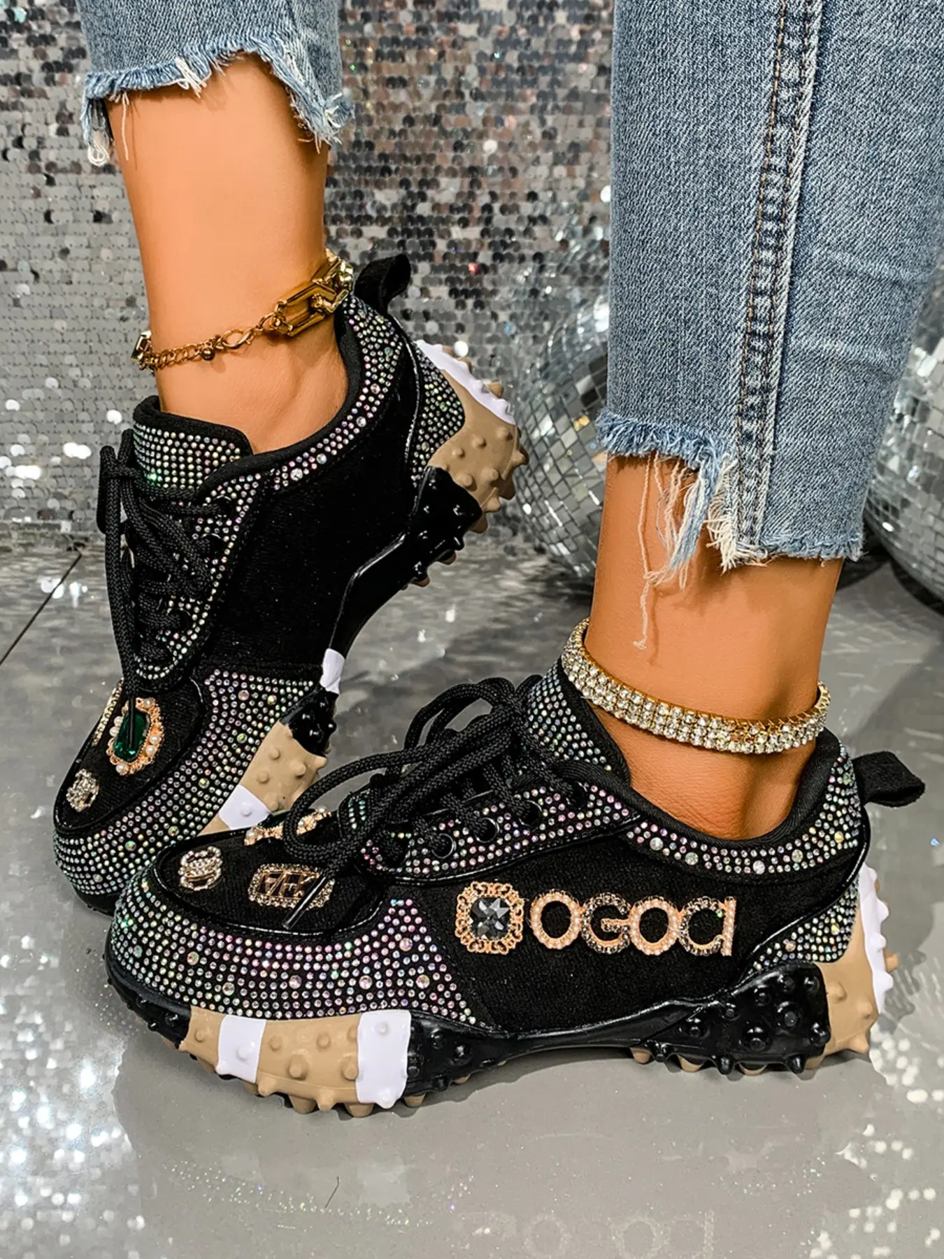 Rhinestone Dad Shoes Women Thick Sole Height Increase Full Diamond Sporty Casual Streetwear Trendy Sneakers Chunky Casual Trainers