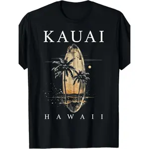 Men's Retro Hawaiian Kauai Surf Short Sleeve, Crew Neck, Tropical Palm Tree and Sun Pattern, Casual Aloha Style Lightweight and Breathable, Suitable for All Year Round, Summer Clothing | Loose Fit T-Shirt | 100% Cotton
