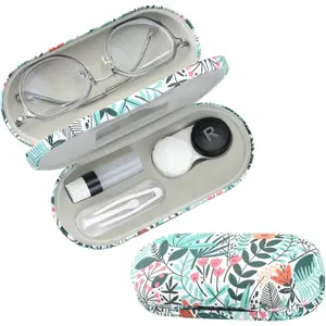 2 in 1 Contact Lens and Gles Case,Double Sided Dual Use Design with Mirror, Tweezer and Contact Lens Solution Bottle,Portable Soak Stor Kit for Travel,Office(White & Tropical Flowers)