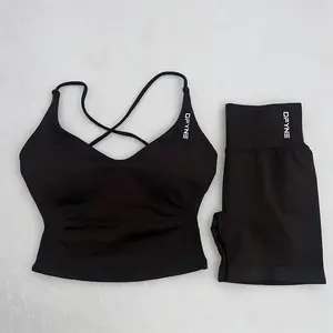 DFYNE New High Waist Butt Lifting Biker Shorts & Crisscross Back Yoga Set Women Open Back Workout Outfit
