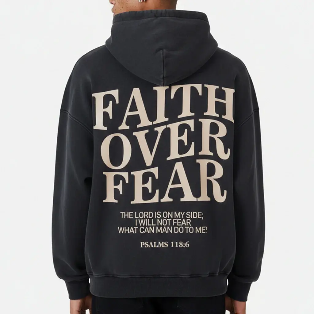 Sopula Studio Men's Hoodie - Faith Over Fear Graphic, 100% Cotton, Vintage Washed (Acid Washed, Faded), Cozy, Loose-Fit Oversized Streetwear Tops, Acid Washed Hoodie