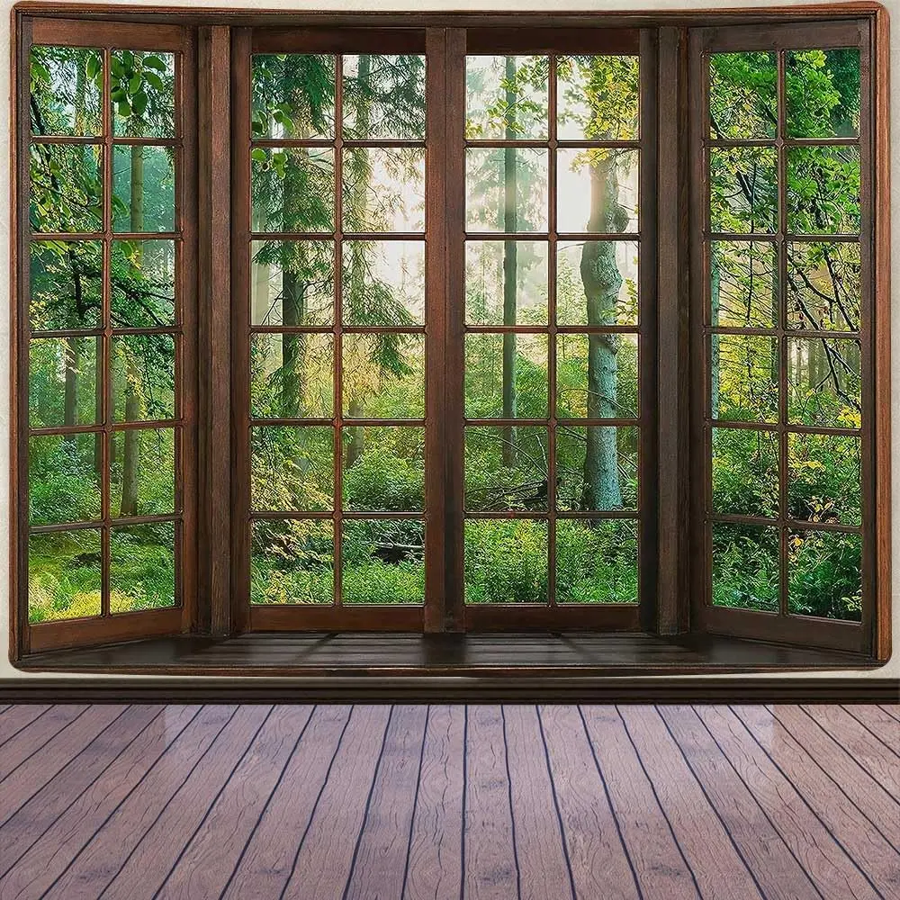 Green Forest Natural Tapestry Window Scenery Wall Aesthetic Tapestry for Bedroom Flannel 80" L X 60" W Beach Blanket Living Dinning Room College Dorm Wall Hanging