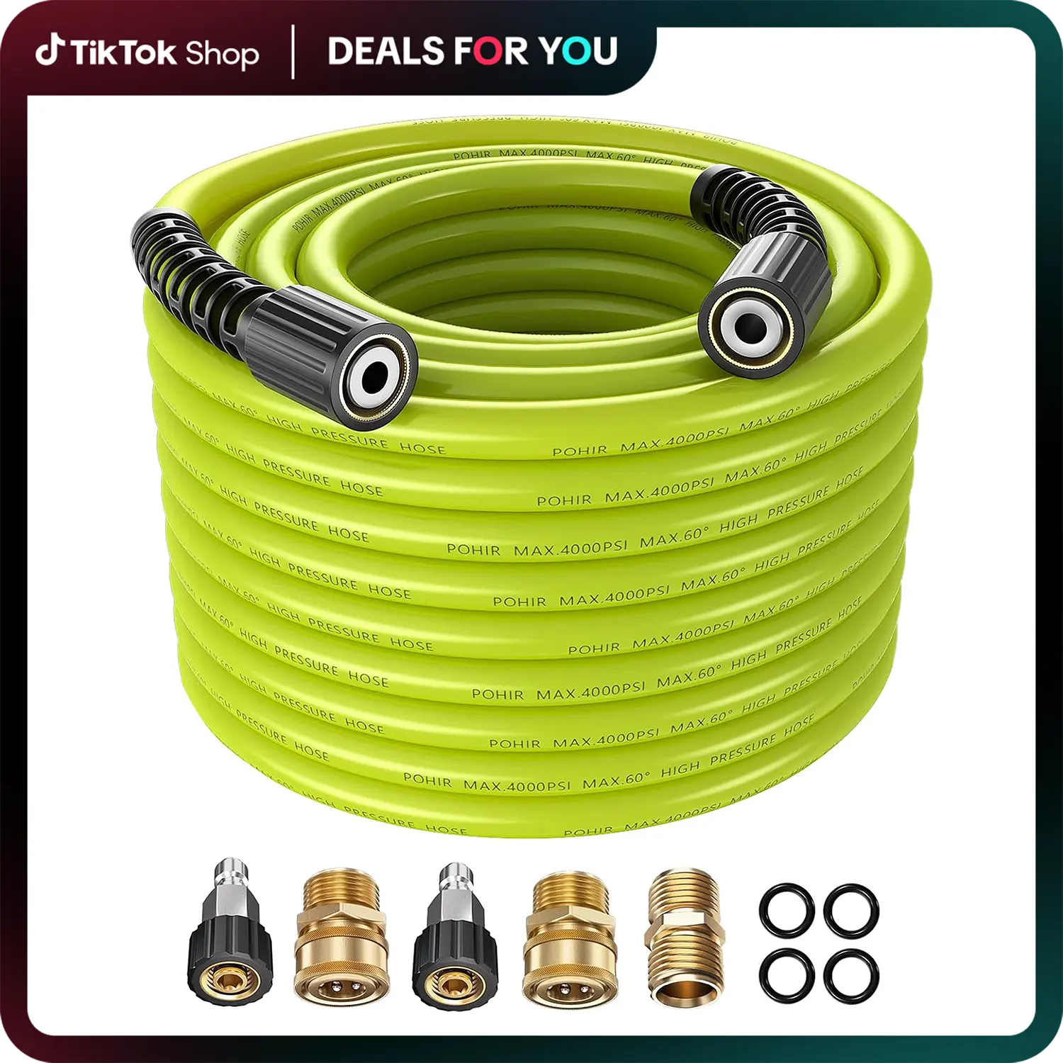 Summervibes POHIR High-Pressure Washer Hose, 1/4" x 50FT Kink-Free 4000 PSI Rubber Hose with M22 Fittings, 3/8" Quick Connect Adapters, Flexible Extension for Pressure Cleaning Tools