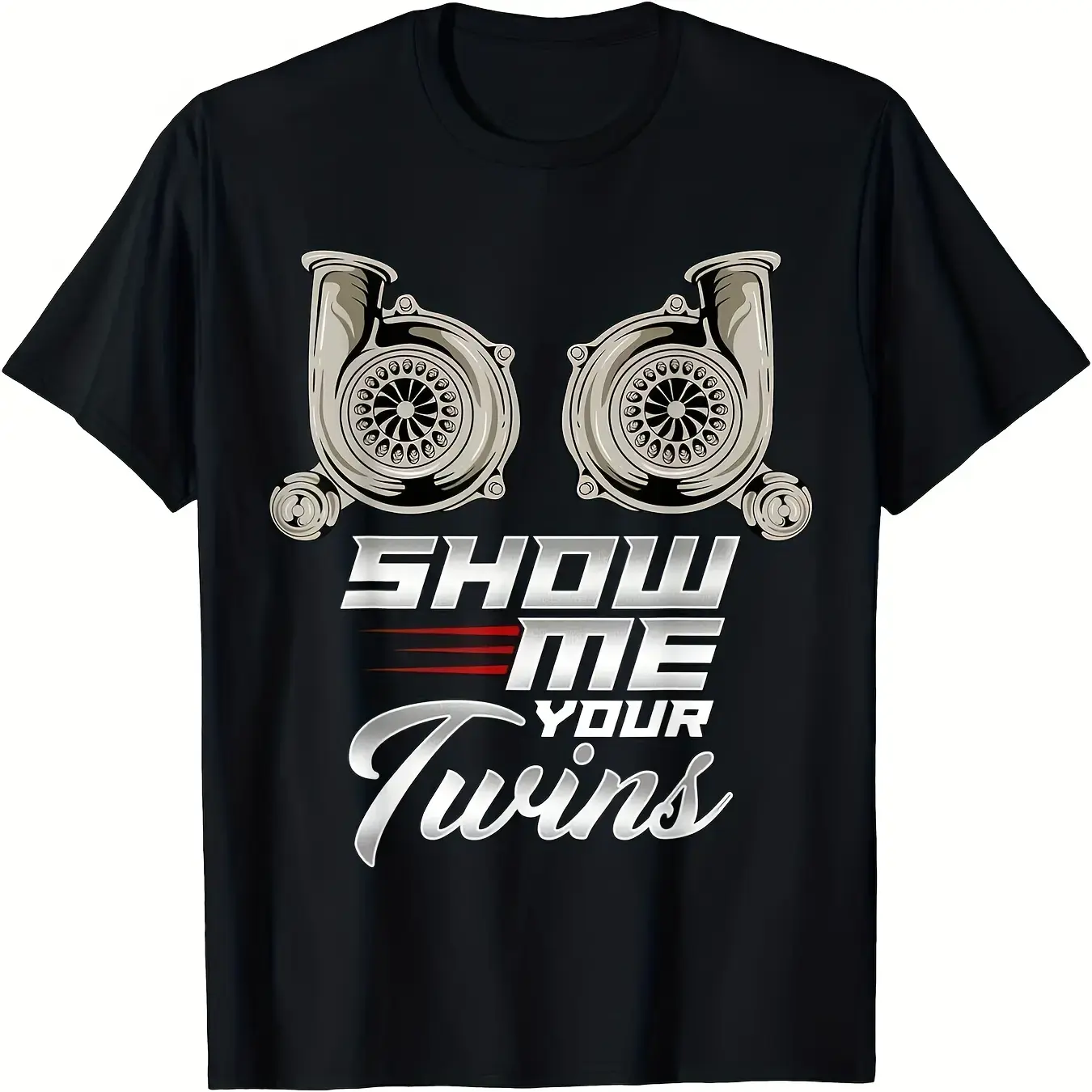Humorous Turbo Racing T-Shirt Featuring Twin Turbos - Made from 100%, 180Gsm, Short Sleeve Casual Tee with Turbocharger Graphic, Easy to Wash, Black, Vintage Style, Round Neck, Perfect for Casual Sportswear, Comfortable Graphic Print Shirt