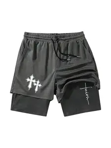 Teen Boys Cross Pattern Print Mesh Casual Criss Cross Breathable Printed Shorts, Drawstring Waist Dual Layer Multi-Functional, Spring Summer Wear, Sports Essential