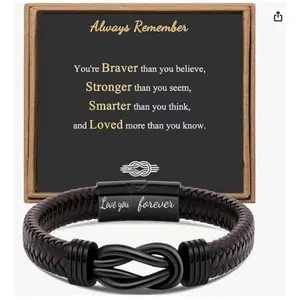 𝗞𝗻𝗼𝘁 𝗕𝗿𝗮𝗰𝗲𝗹𝗲𝘁 𝗚𝗶𝗳𝘁𝘀 𝗳𝗼𝗿 𝗠𝗲𝗻 Brown Braided Leather Stainless Steel Infinity Bracelets Lettering Love You Forever Gifts for Son Grandson Husband Boyfriend Brother Always Linked Together