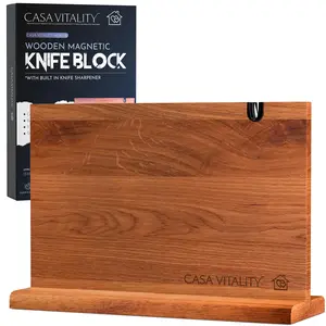 Acacia Wood Magnetic Knife Holder 14x10" – Double-Sided Knife Holder with Strong Magnet & Built-In Sharpener – Space-Saving Magnetic Knife Block Gift for Home Kitchens & Cooking Lovers
