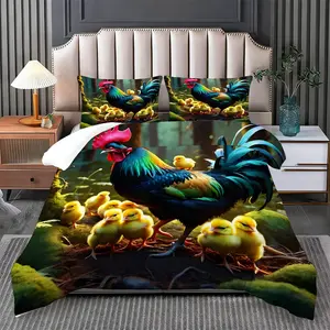 2/3 Pcs Chicken Chicks Forest Fun Bedding Comforter Set,Lightweight Comforter & 1/2 Pillowcases(no filler),Warm Cool Skin-friendly All-season,Fits Shared House/Youth Apartment/Student Dorm,Ideal for Rental Youths/Rural Scenario Practical Comforter Set