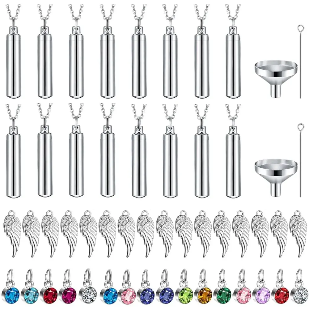 Urn Necklace For Ashes, 16 Pieces Urn Necklace, Stainless Steel Cremation Jewelry For Women Men, Cylinder Keepsake Pendant With Funnel(silver,16 Pieces)