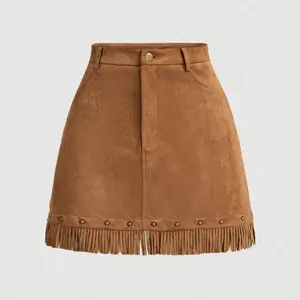 Women Deerhide Velvet Frill Skirt Solid Color High-waisted Short Skirt Brass Stud Design Half-length Skirt Casual Dressy Clothes Spring Summer Trendy Outfits