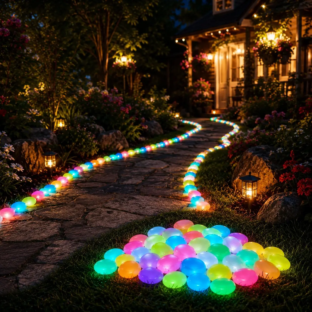 Set of 30 colorful glow stones; decorative pebbles for outdoor gardens and pathways that absorb light and glow; suitable for garden paths, planters, fish tanks, and flower bed decoration.
