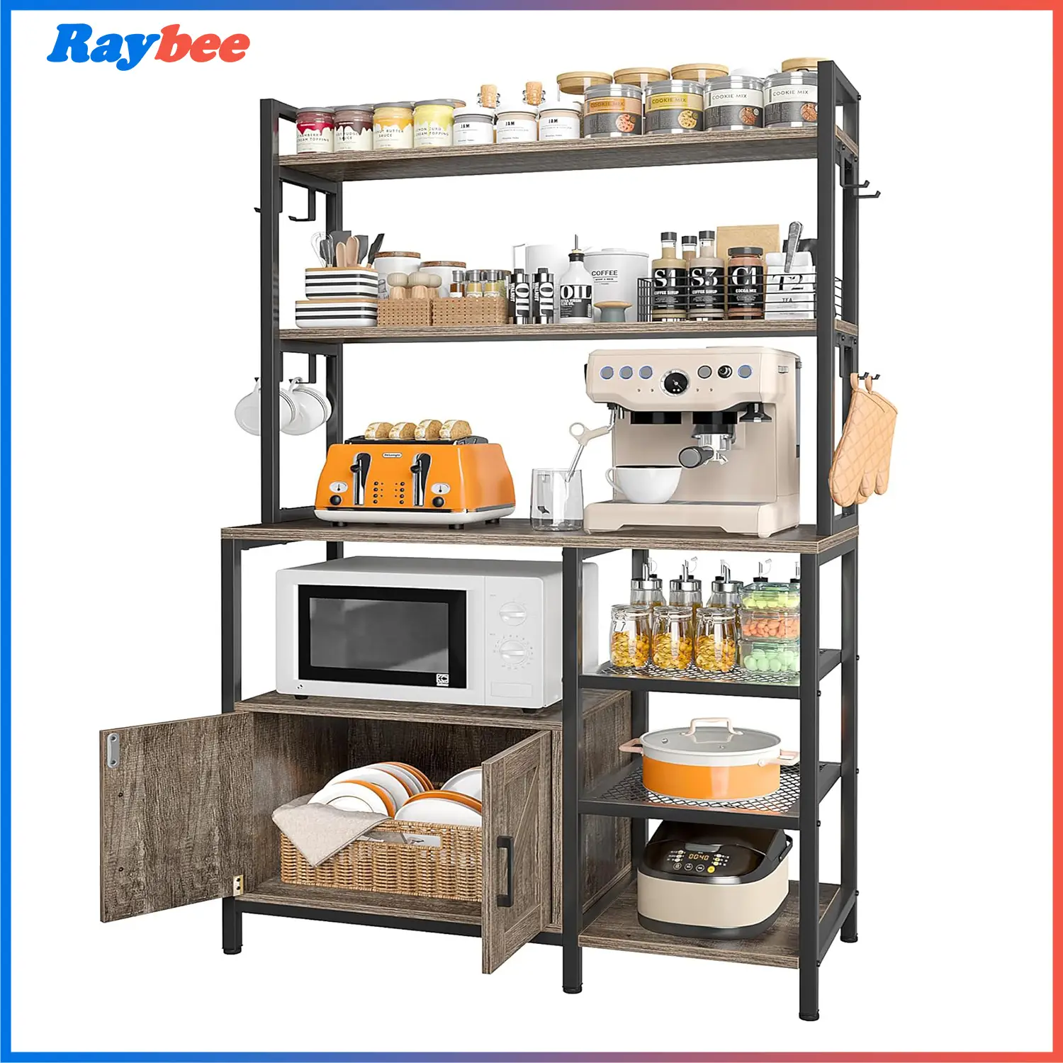Raybee Bakers Rack for Kitchen with Power Outlet, 6-Tier Microwave Stand with Storage Cabinet, Farmhouse Kitchen Coffee Bar with Side Hooks, Utility S
