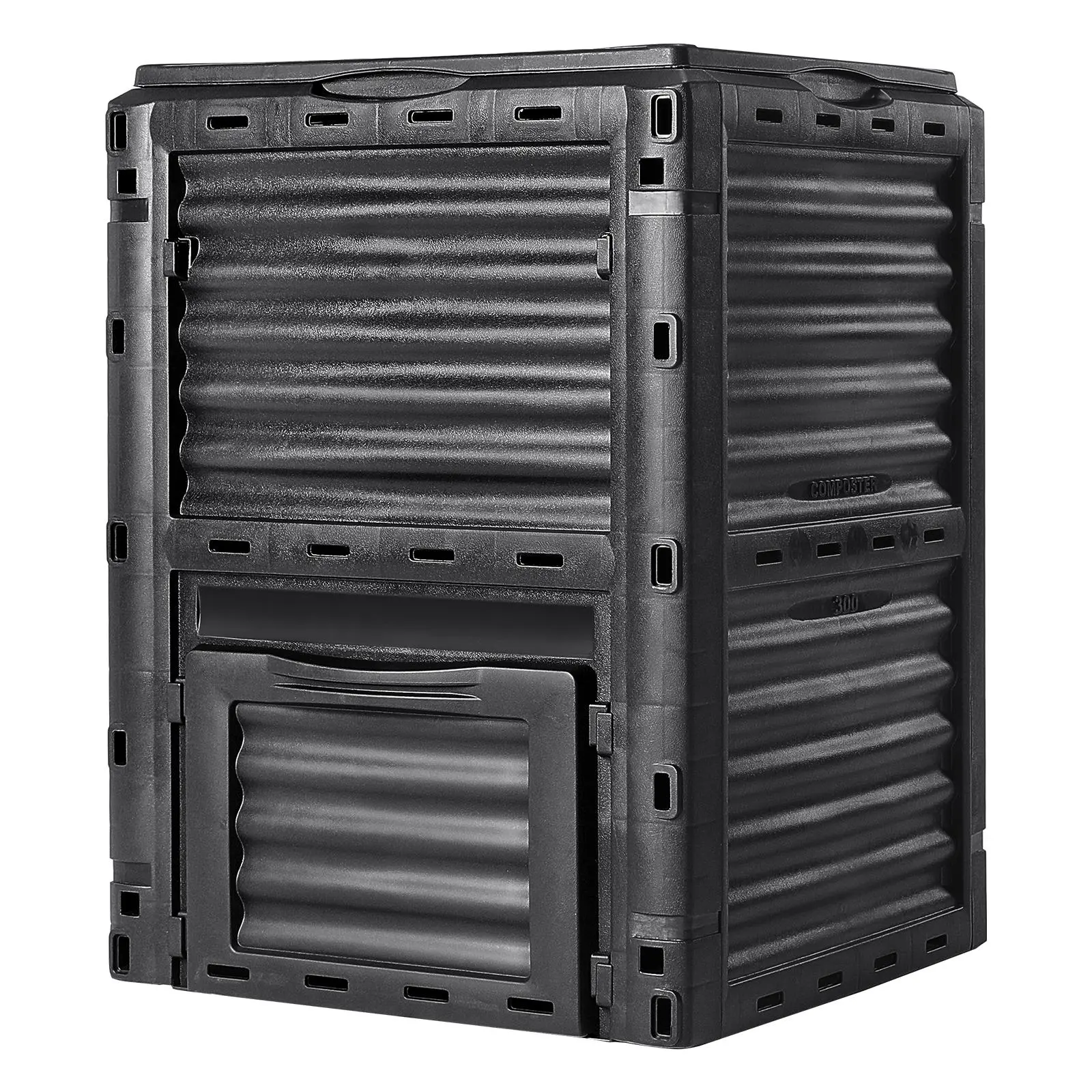 VEVOR Large 80 Gal (Above 12 L) BPA-Free Black Plastic Garden Compost Bin, 1-Hand Grip Cover, Top Lid, Access Door, 4-Side Vents, Bottom Storage Doors, Easy Installation, Lightweight for Outdoor Fertile Soil Creation