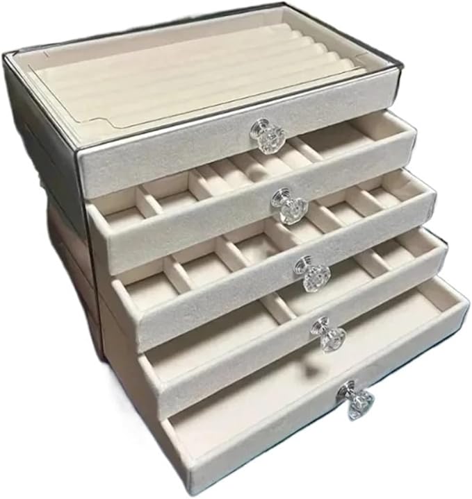 Velvet Jewelry Box with 5-Layer Clear Lid Large Capacity Organizer for Rings Earrings Necklaces Bracelets Acrylic Display Holder Drawer Organizer for Women Girls Vanity Dresser Countertop Storage Box