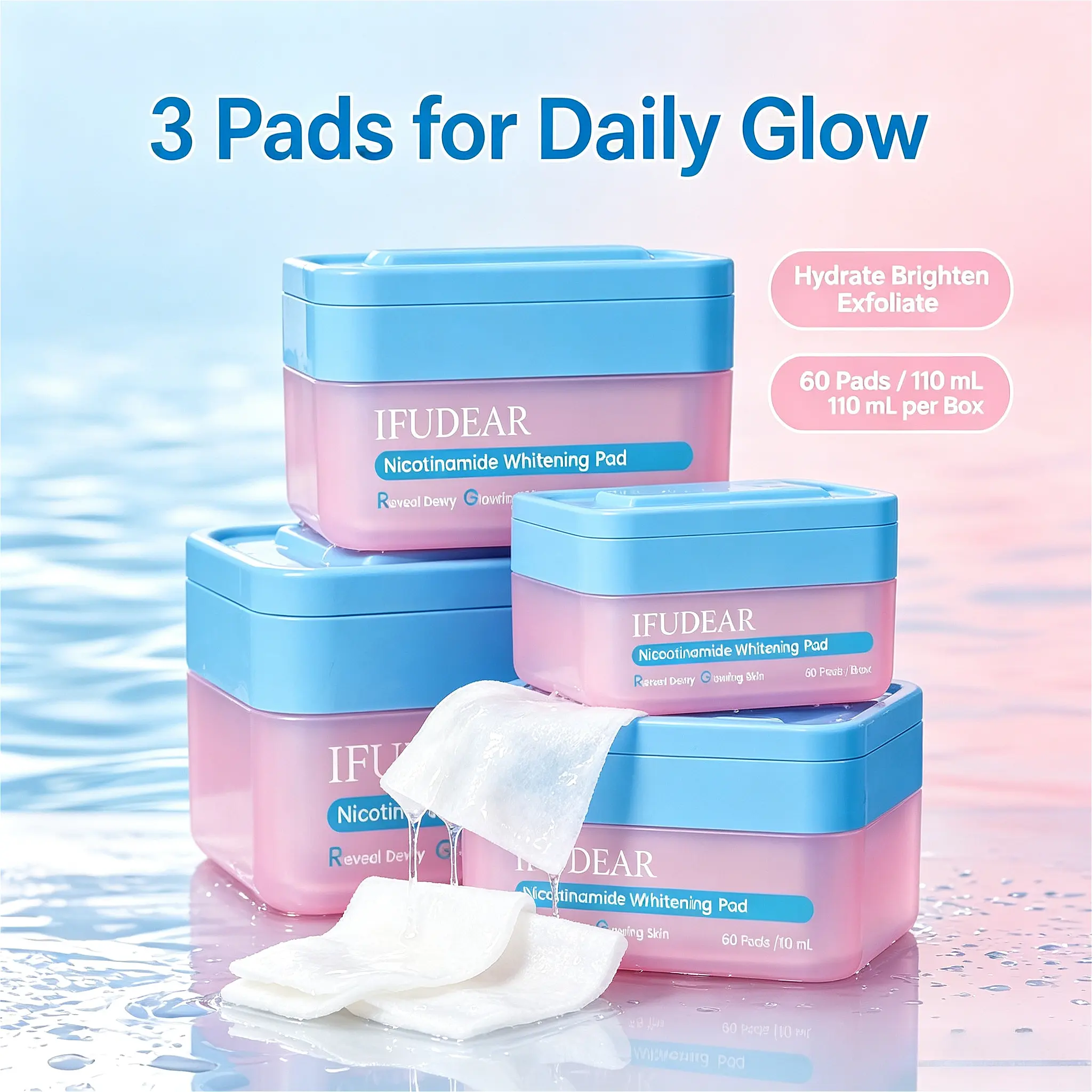IFUDEAR 3-in-1 Niacinamide Centella Hyaluronic Acid Toner Pads, 60ct + 110ml | Korean Skincare for Brightening, Hydrating Skin, Korean Skin Care