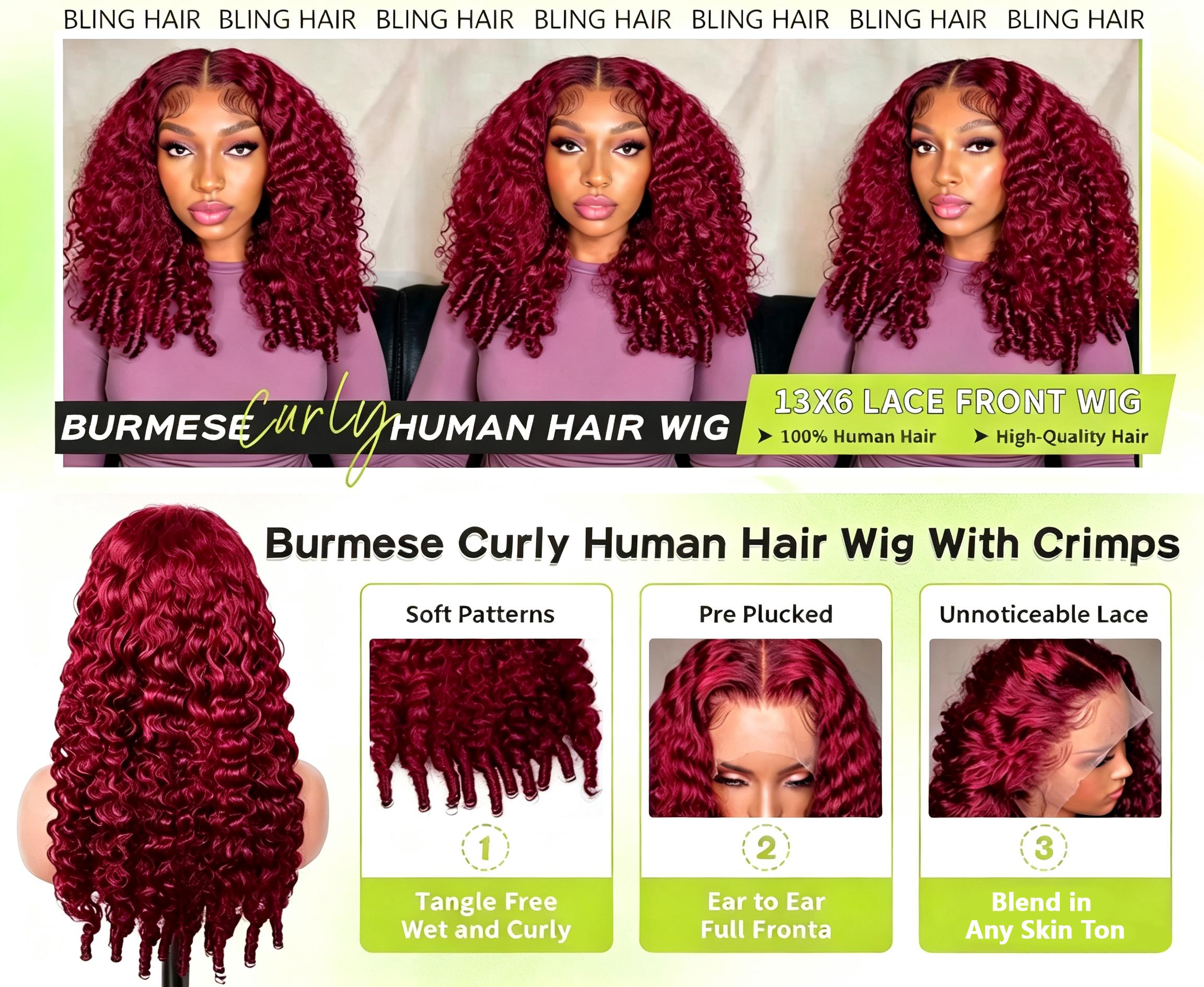 Bling Hair Burmese Curly Wig Human Hair 13x6 99J Burgundy Lace Front Wigs Human Hair 180% Density HD Lace Frontal Wigs Pre Plucked Virgin Remy Hair Burgundy Wig