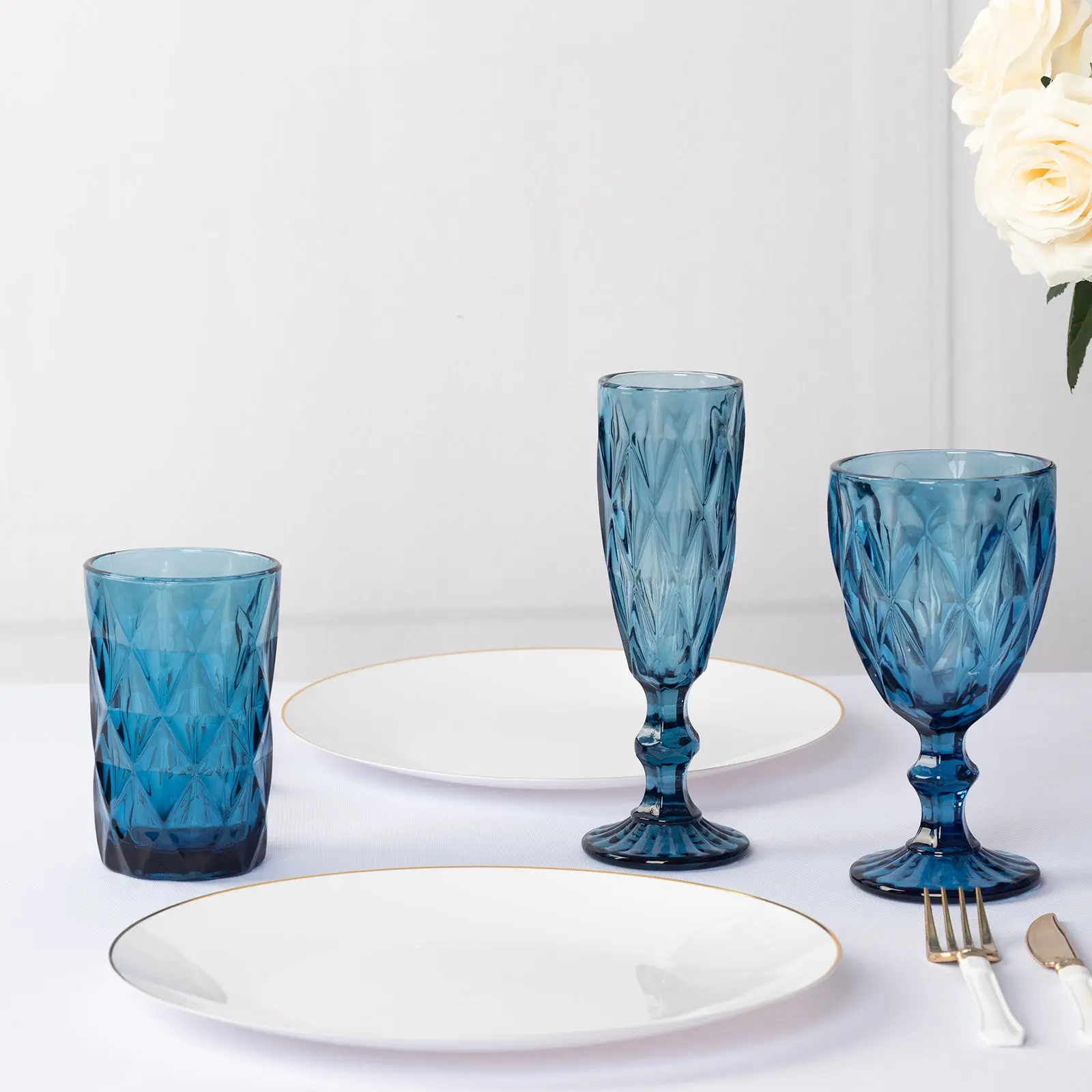 6-Pack Crystal Cut Glassware Set - 12oz Ocean Blue Whiskey Cups, Textured Design, Heavy 5in Base Highball Tumblers for Birthday, Cocktail Party (6-Glass Party Set for Cocktail Enthusiasts)