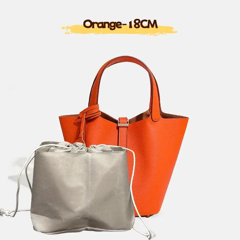 Women's Genuine Top Grain Cowhide Leather Bucket Bag - Top Handle, Draw String, Pebbled Texture, Lock Charm, Inner Organizer Insert, Organized Casual Crossbody & Shoulder Bag