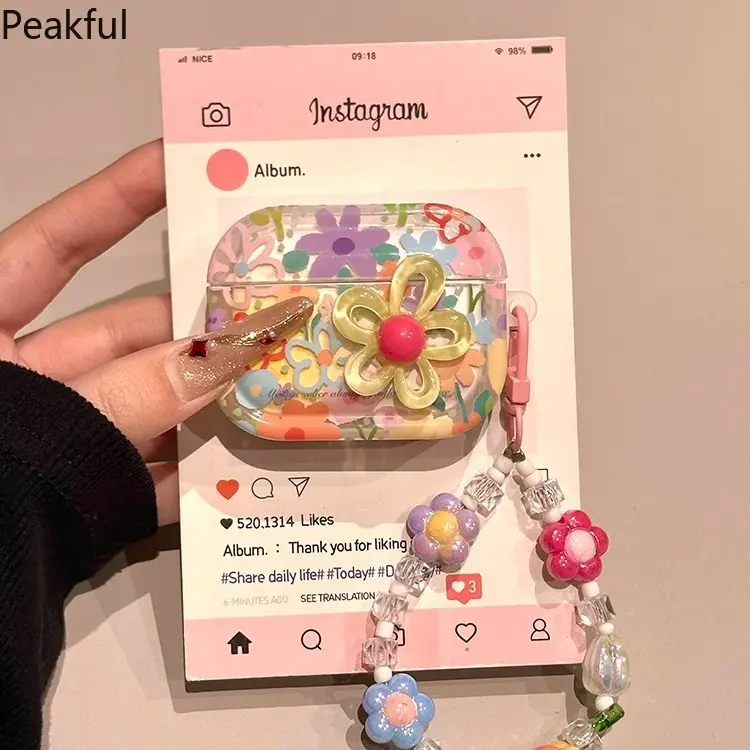 Cute 3D Flower AirPods Case with Beaded Strap, Popular Transparent Floral Print Earbud Holder, Trendy Shockproof Protective Cover, lightweight & anti-drop construction, great for carrying earbuds, matching outfits, daily commutes and sharing with friends
