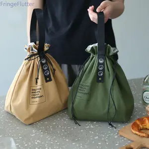 Simple Drawstring Insulated Lunch Bag - Linen & Canvas Industrial Style Picnic Bento Box-Drawstring Material Random