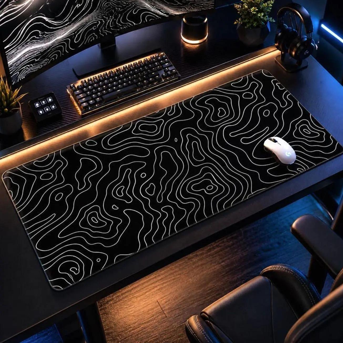 Black White Topographic Desk Mat, Abstract Gaming Mouse Pad Non Slip