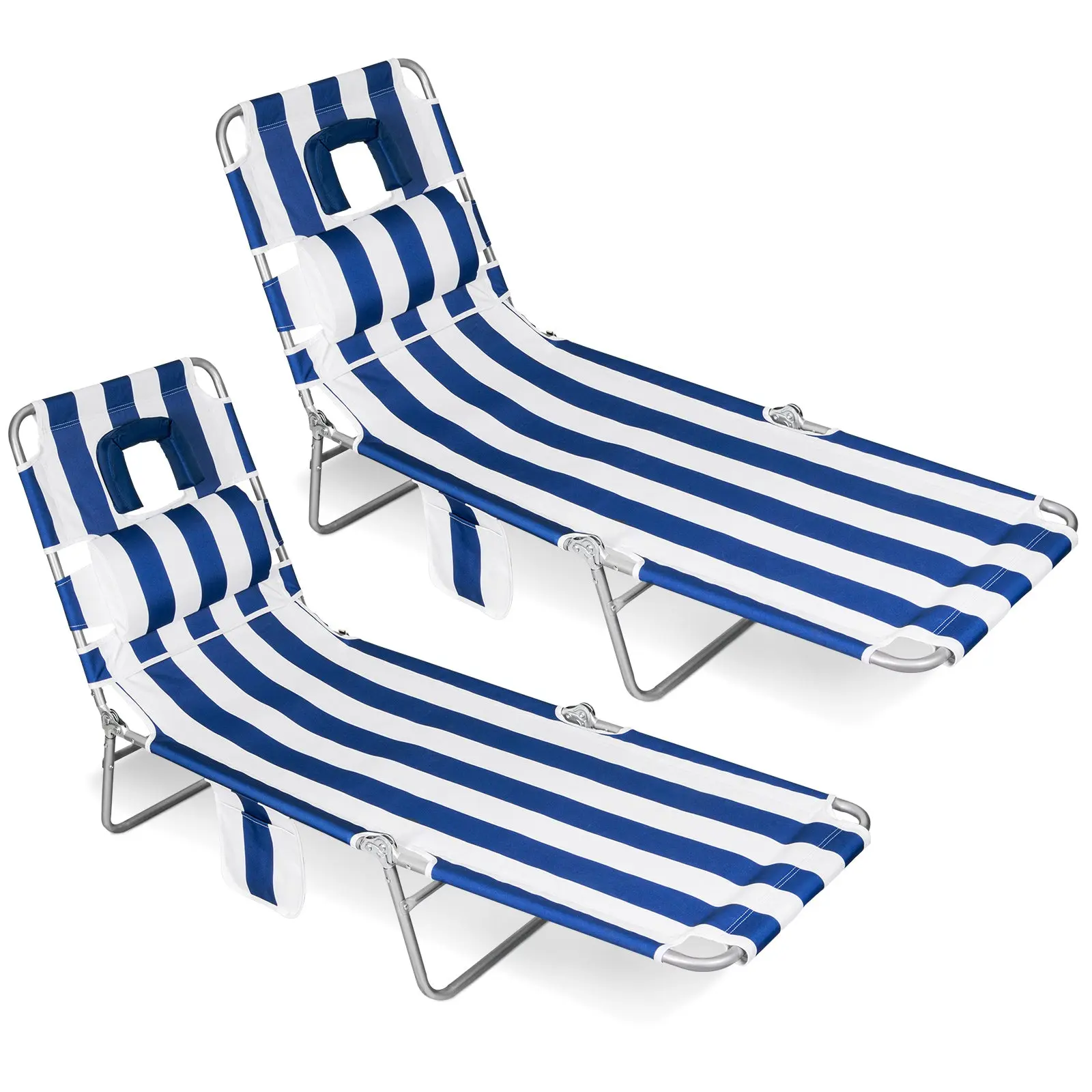 SUNSPIRE Folding Beach Lounge Chair with Face Hole Pillow Side Pocket, Heavy Duty 5-Position Lay-Flat Tanning Cot for Outdoor Poolside Yard Lawn 2-Pack
