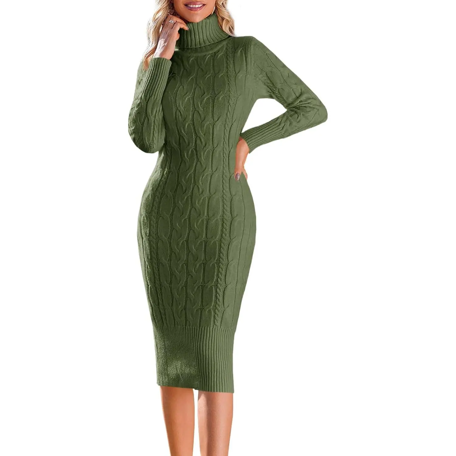 Saodimallsu Women's Long Sleeve Turtleneck Knitted Sweater Dress, Casual Basic Bodycon Midi Dress