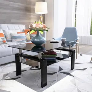Modern Rectangle Black Glass Coffee Table | Tempered Safety Design & Anti-Tip Frame - Multi-Scenario Center/Side Table for Living Room Furniture Sets