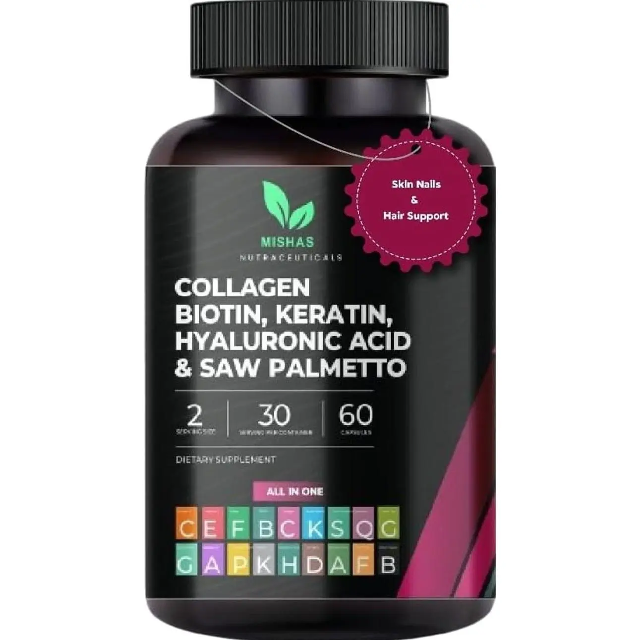 Multi Collagen Hair Pills - Biotin 10,000mcg, Keratin & Hyaluronic Acid - Hair Growth - Hair Skin & Nails Vitamins & DHT Blocker - Vitamin E Folic Acid Pumpkin Seed MSM, Saw Palmetto 60 Vegan Capsules