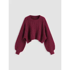 Cider [2 colors, size 12/14-26] Cable Knit Round Neckline Crop Sweater Curve & Plus