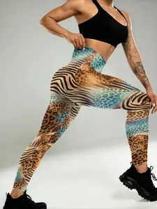 Women's Leopard Tiger Zebra Patchwork Yoga Pants, High Waist Elastic Breathable Nine-Quarter Pants, Fitness Sport Fashion Comfort
