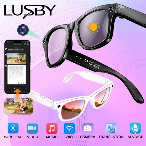LUSBY Wearable Smart Glasses - Round Unisex Half-Frame, 1080p Camera Capture, Bluetooth Intelligent AI, Auto Color-Changing Interchangeable Lenses, Lightweight for Travel Recording/Voice Calls, Real-Time Translation, Cool Adult Gifts, Smart Glasses Wi