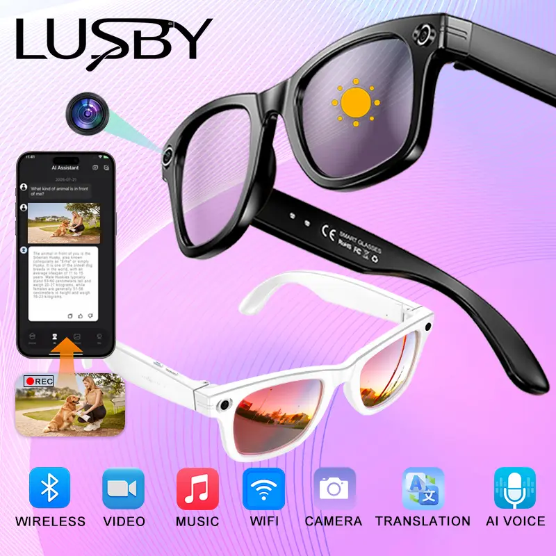 LUSBY Wearable Smart Glasses - Round Unisex Half-Frame, 1080p Camera Capture, Bluetooth Intelligent AI, Auto Color-Changing Interchangeable Lenses, Lightweight for Travel Recording/Voice Calls, Real-Time Translation, Cool Adult Gifts, Smart Glasses Wi