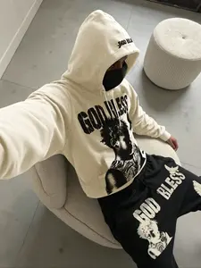 2-piece unisex set featuring a "GOD and Praying Child" graphic print, a fall/winter fitted Knit hoodie and Casual trousers set. "Retro religious elements" are perfect for streetwear and American street style Outfit