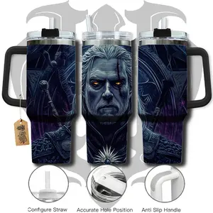HardTimesMerch - The Witcher #1 40oz Handle Tumbler Stainless Steel Travel Mug, Game Inspired Vacuum Insulated Cup, Large Iced Coffee Tumbler, Manga Fighter Drinkware, Gamer Gift for Him Her