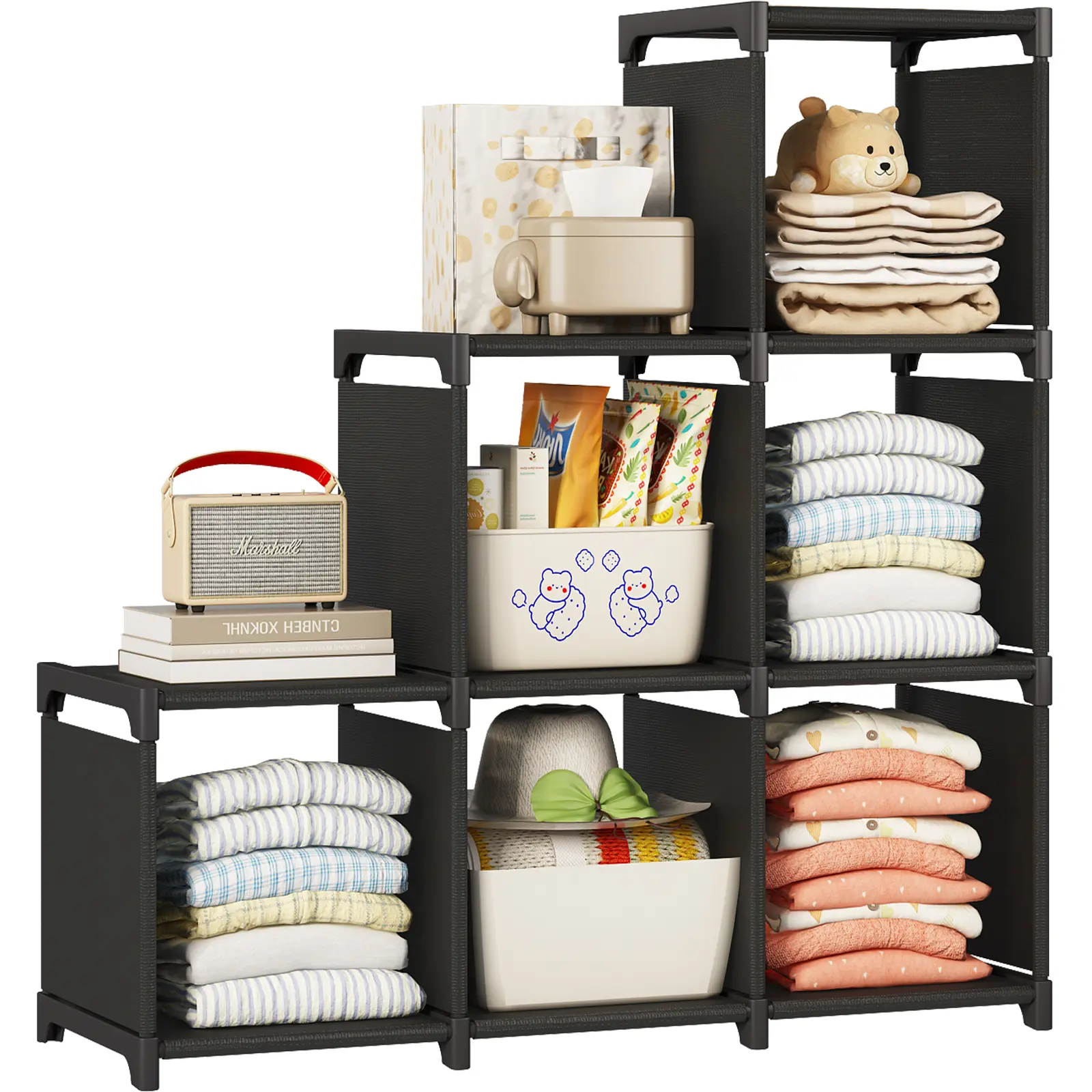 SUOERNUO Modular 6-Cube Cubby Shelf - Lightweight Plastic Cabinet with Adjustable Storage Rack, Metal Frame Stackable Storage Bins for Bedroom & Living Room Home Organizer
