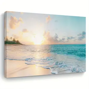 1 Piece Wooden Frame Canvas Painting, Artistic Turquoise and Gold Ocean, Living Room & Bedroom & Kitchen Wall Art Print, Home and Office Decoration, Christmas Gift, 11.8inch * 15.7inch