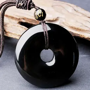 Black Obsidian Donut Pendant with Necklace, 35mm Round Amulet, Natural Semiprecious Stone for Reiki Healing, Protection & Luck, Adjustable Cord