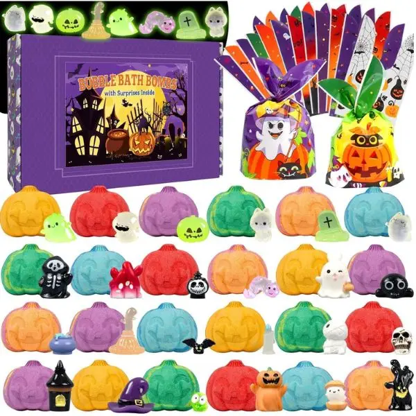 24 Pack Kids Bath Bombs with Surprise Toys, Pumpkin Scented Body Care Gift Set for Halloween Party Favors, Includes 12 Bags