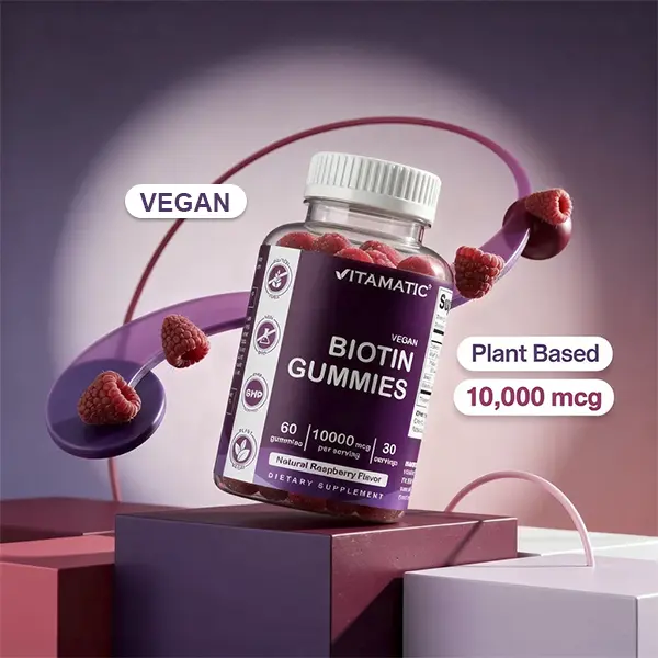 Vitamatic Biotin 10,000 mcg Beauty Gummies - 60 Vegan, Edible, Natural Raspberry Flavor Healthy Gummies for Stronger Hair, Skin & Nails - Vitamin B7 Supplement for User Healthcare Dietary Needs