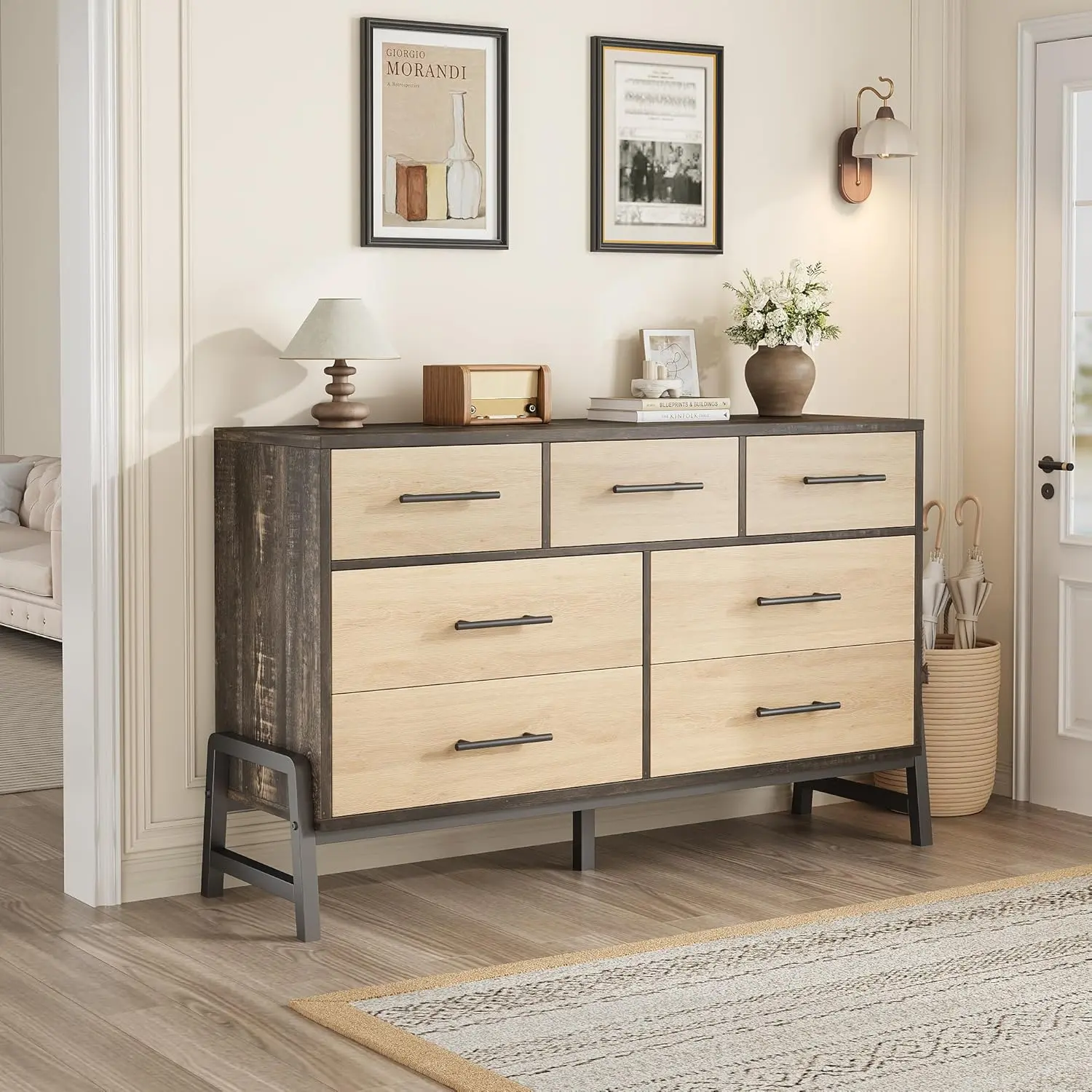 OP-Garvee Dresser Modern style, beautiful and simple, with anti-tipping design，with 7 Storage Drawers,sturdy cabinet，Space saving，Freestanding Wooden Closet,Chest of Drawers for Living Room, Bedroom, Entryway coffee tables dining LED Glass Top