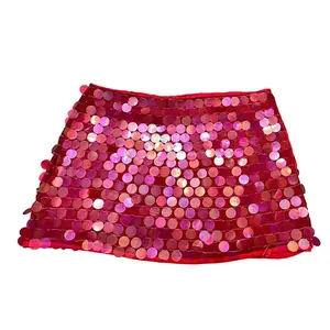 Women's Summer Mini Sequins Skirt Side Split Tie Up Red Casual Party Bottoms