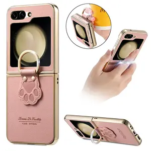 Cute Cat Paw Ring Foldable Phone Case, Leather Anti-Drop Stand Cover Protector, Fits Samsung Galaxy Z Flip 4 5 6 7, Stylish Protection Accessories