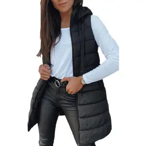 Women Long Vest Solid Color Sleeveless Hood Winter Puffer Vest Outwear