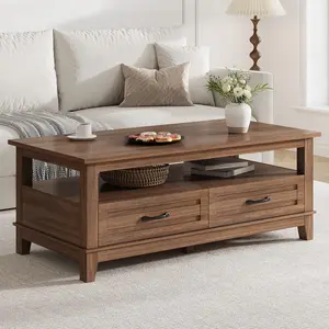 47in Farmhouse Look Wood Coffee Table - 6-Legged Base, Multiple Drawers, Easy Setup Center Table for Living Room, Office, Brown