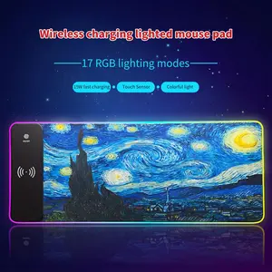 RGB Gaming Mouse Pad with 15W Wireless Charging, Large Desk Mat with 17 LED Light Modes, Waterproof Non-Slip Rubber Base Keyboard Mat for Gaming & Home Office, Blue Meteor Starry Sky